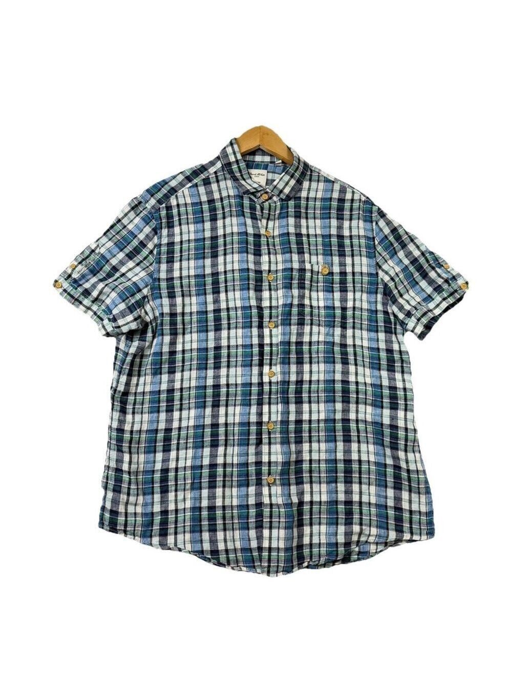 Baird McNutt Murano Shirt Mens Large Blue 100% Linen Chambray Plaid Short Sleeve